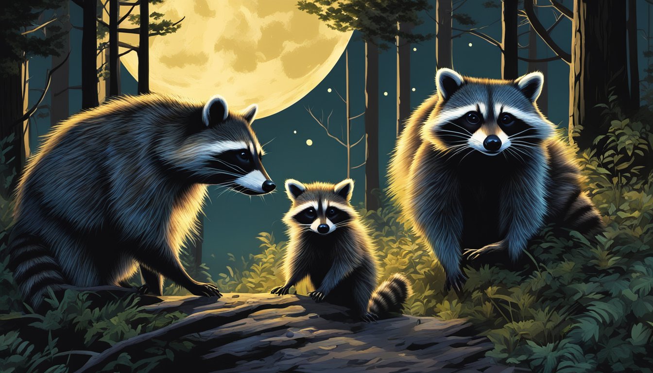 A family of raccoons scavenging through a moonlit forest, searching for nocturnal edibles among the shadows and under the glow of the moon