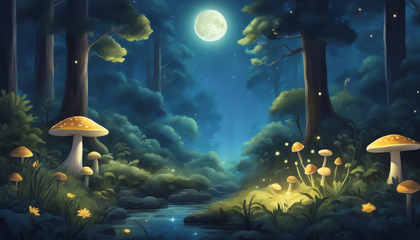 A serene forest clearing bathed in moonlight, with a variety of nocturnal plants and fungi glowing softly, surrounded by tall trees and the sounds of nocturnal creatures