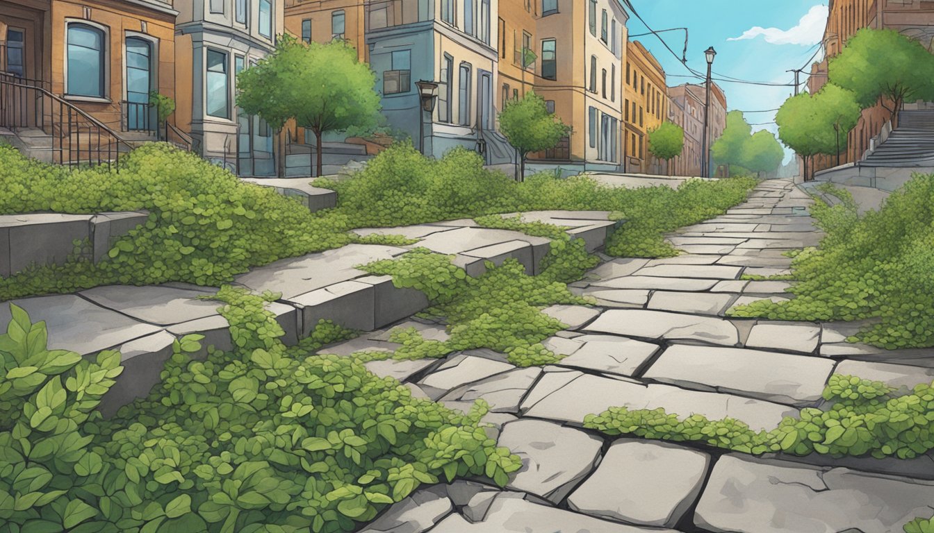 A bustling city street with overgrown greenery peeking through cracks in the pavement, revealing hidden treasures waiting to be discovered by urban foragers