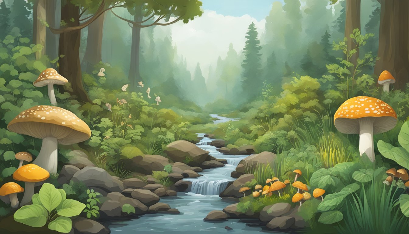 A lush forest with a variety of edible plants, mushrooms, and herbs. A small stream flows through the landscape, providing fresh water. The sky is overcast, hinting at the impending apocalypse