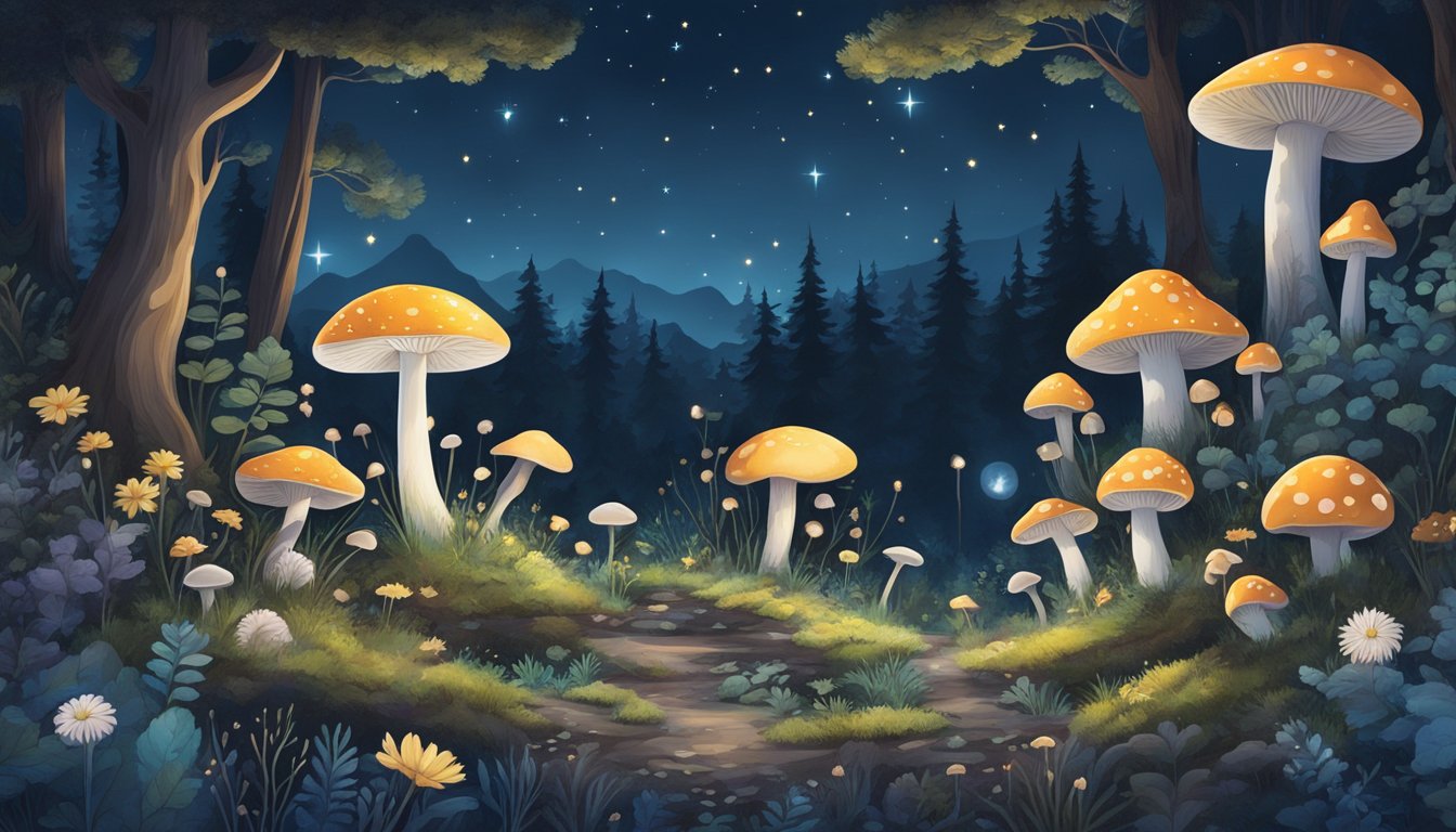 A moonlit forest floor with glowing mushrooms, nocturnal flowers, and foraging animals under a starry sky