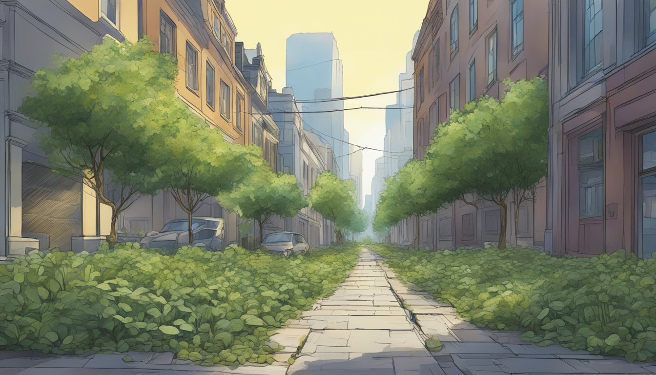 A bustling city street with overgrown greenery emerging from cracks in the pavement, revealing hidden spots for foraging