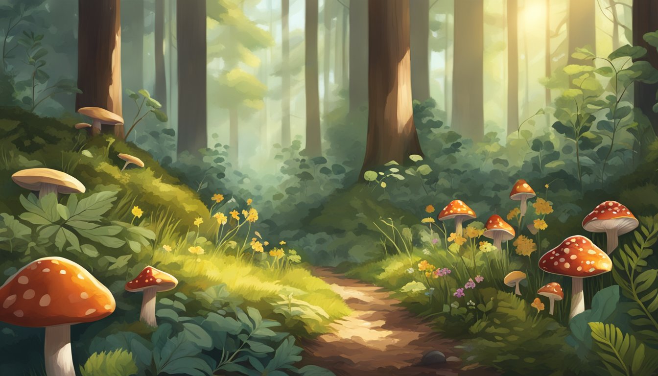 A forest floor scattered with vibrant wild ingredients, including mushrooms, herbs, and berries, surrounded by towering trees and dappled sunlight