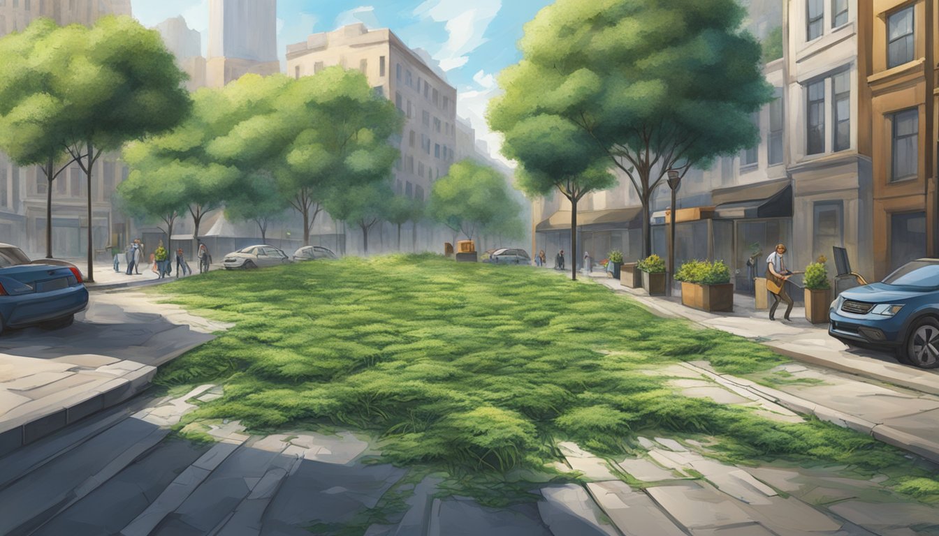 A bustling city street with overgrown greenery sprouting from cracks in the pavement, revealing hidden pockets of nature amidst the urban chaos