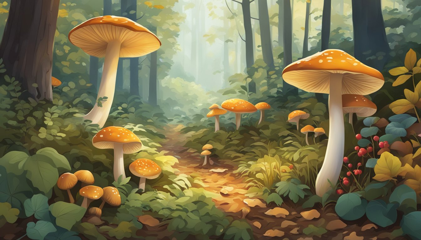 A lush forest floor with a variety of wild mushrooms, herbs, and berries scattered among fallen leaves and dappled sunlight