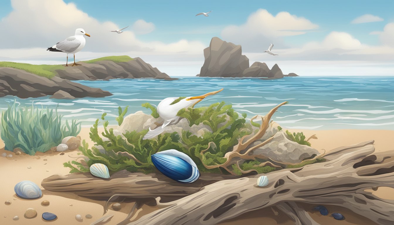 A rocky shore with seaweed, mussels, and colorful shells. A crab scuttles across the sand, while a seagull perches on a weathered piece of driftwood