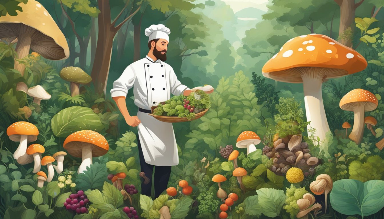 A lush forest with a variety of wild foods such as mushrooms, berries, and herbs growing abundantly. A chef carefully selecting and preserving the ingredients for fine dining