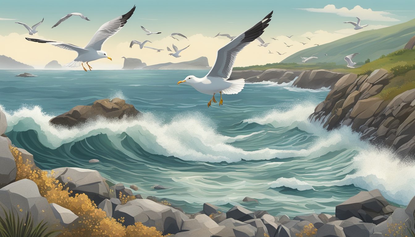 A rugged coastline with crashing waves, rocky tide pools, and abundant marine life. Seagulls circle overhead as a forager collects shellfish and seaweed