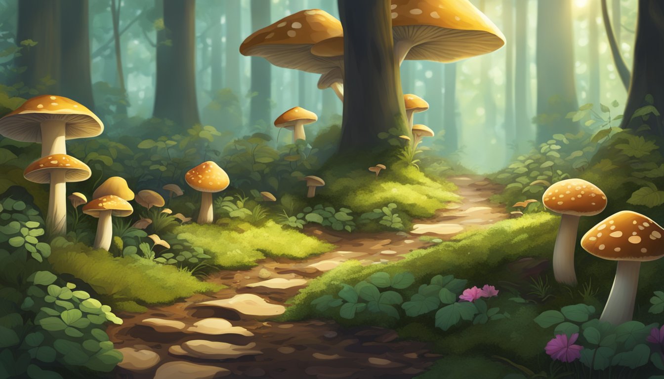 Sunlight filters through dense foliage onto a lush forest floor. Mushrooms, berries, and herbs carpet the ground, surrounded by fallen leaves and moss