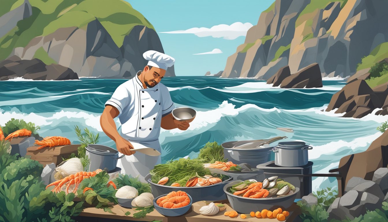 A chef gathers fresh seafood and foraged ingredients from the shore, surrounded by crashing waves and rocky cliffs