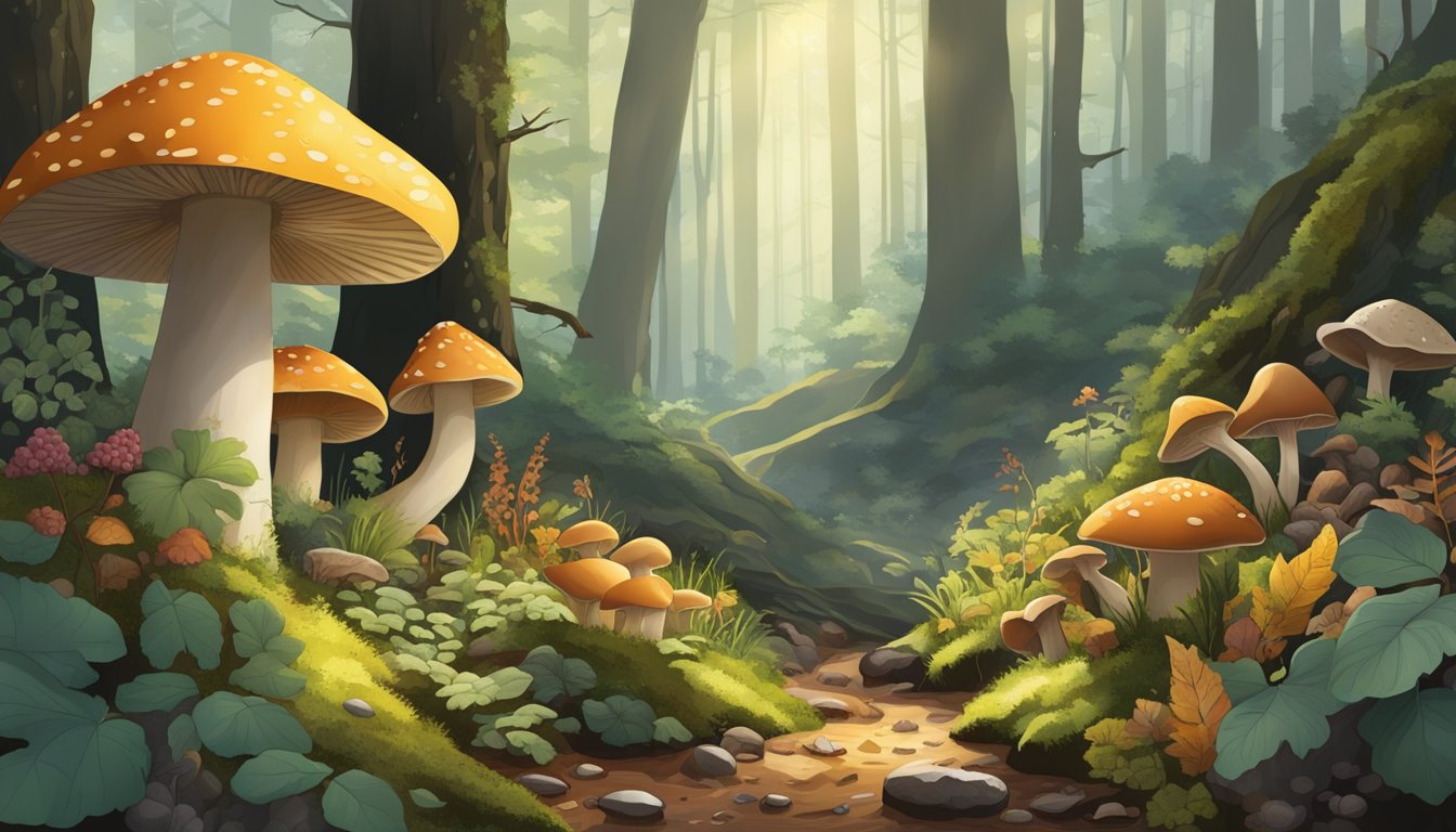 Sunlight filtering through dense forest canopy onto a variety of wild mushrooms, berries, and herbs growing amidst fallen leaves and moss-covered rocks