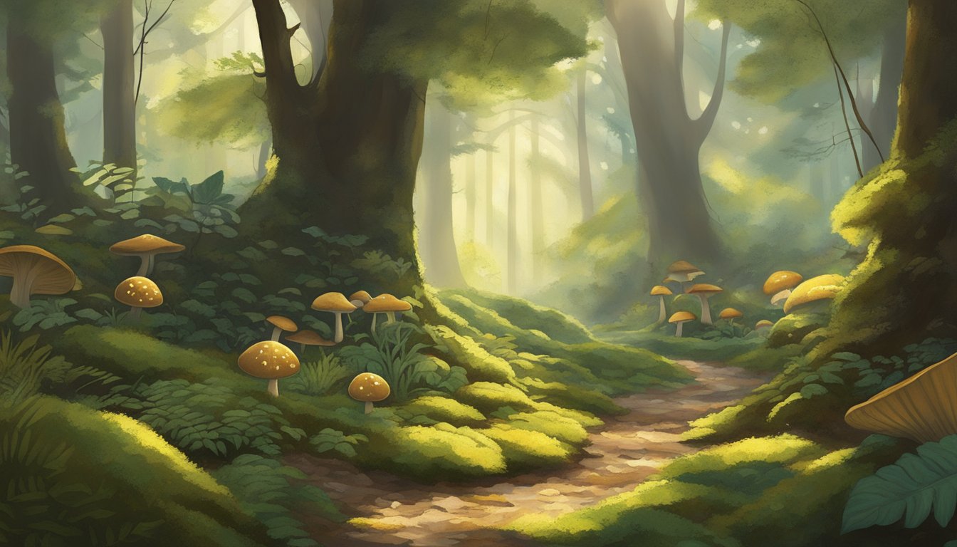 Sunlight filters through the dense canopy, casting dappled shadows on the moss-covered ground. Fallen leaves and twigs create a textured carpet, while mushrooms and ferns add pops of earthy color