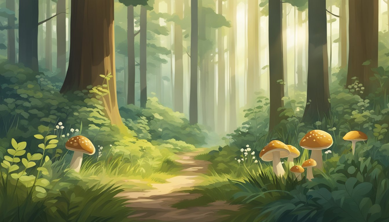 A serene forest clearing with various wild edible plants and mushrooms scattered across the ground, surrounded by tall trees and dappled sunlight