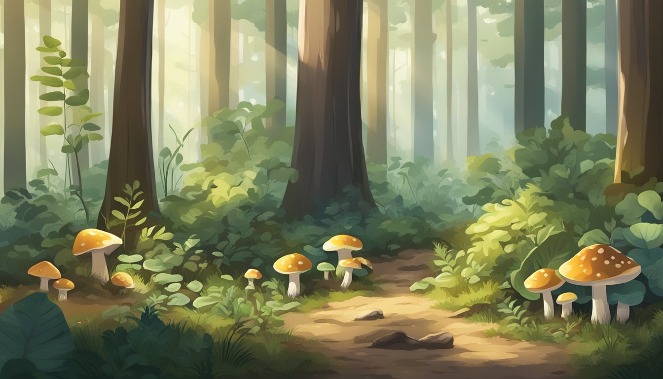 A forest floor with various edible plants and mushrooms, surrounded by tall trees and dappled sunlight