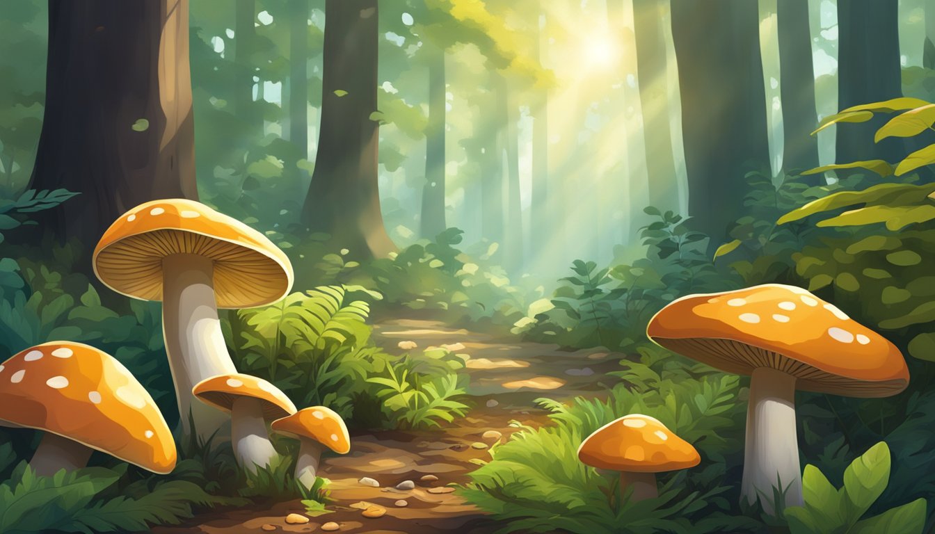 Sunlight filters through dense foliage onto a vibrant forest floor. Mushrooms, ferns, and fallen leaves create a diverse and colorful ecosystem, showcasing the beauty of the forest floor