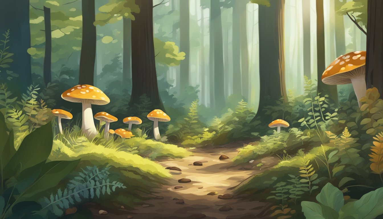 A forest floor with a variety of wild edible plants and mushrooms, surrounded by tall trees and dappled sunlight