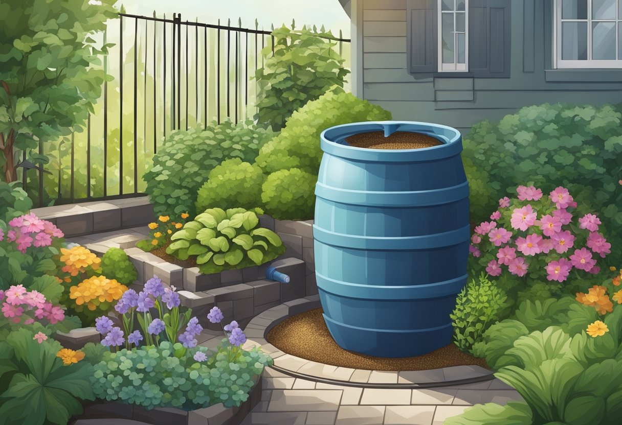 A rain barrel collects water from a downspout, surrounded by lush garden beds and a network of underground drainage pipes