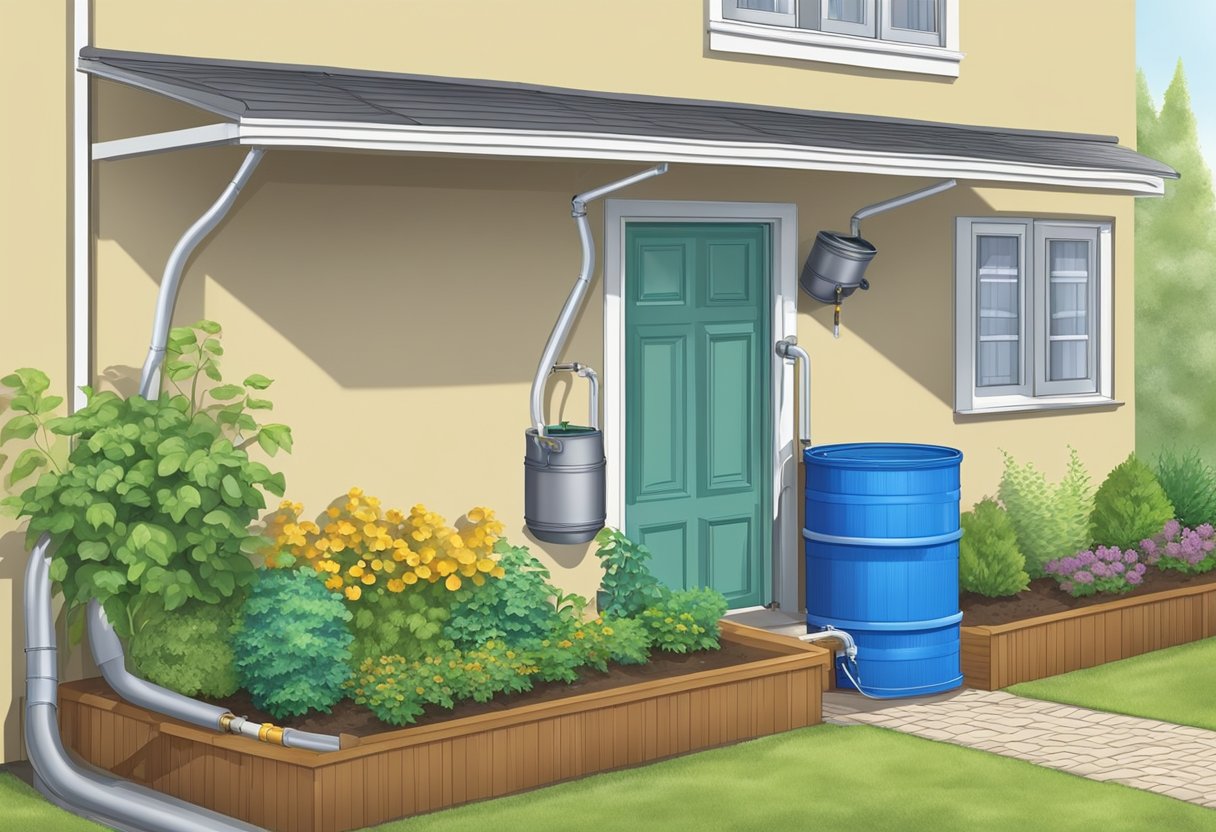 A rainwater harvesting system collects water from a garden downspout into a large barrel. A hose connects the barrel to a drip irrigation system for the garden