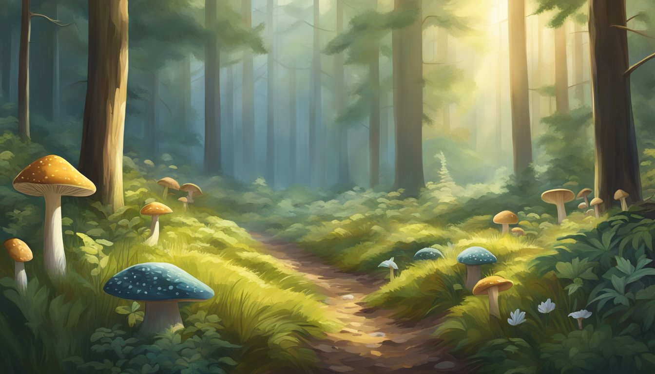 A serene forest clearing with a variety of wild plants and mushrooms, bathed in soft sunlight, inviting contemplation and connection with nature