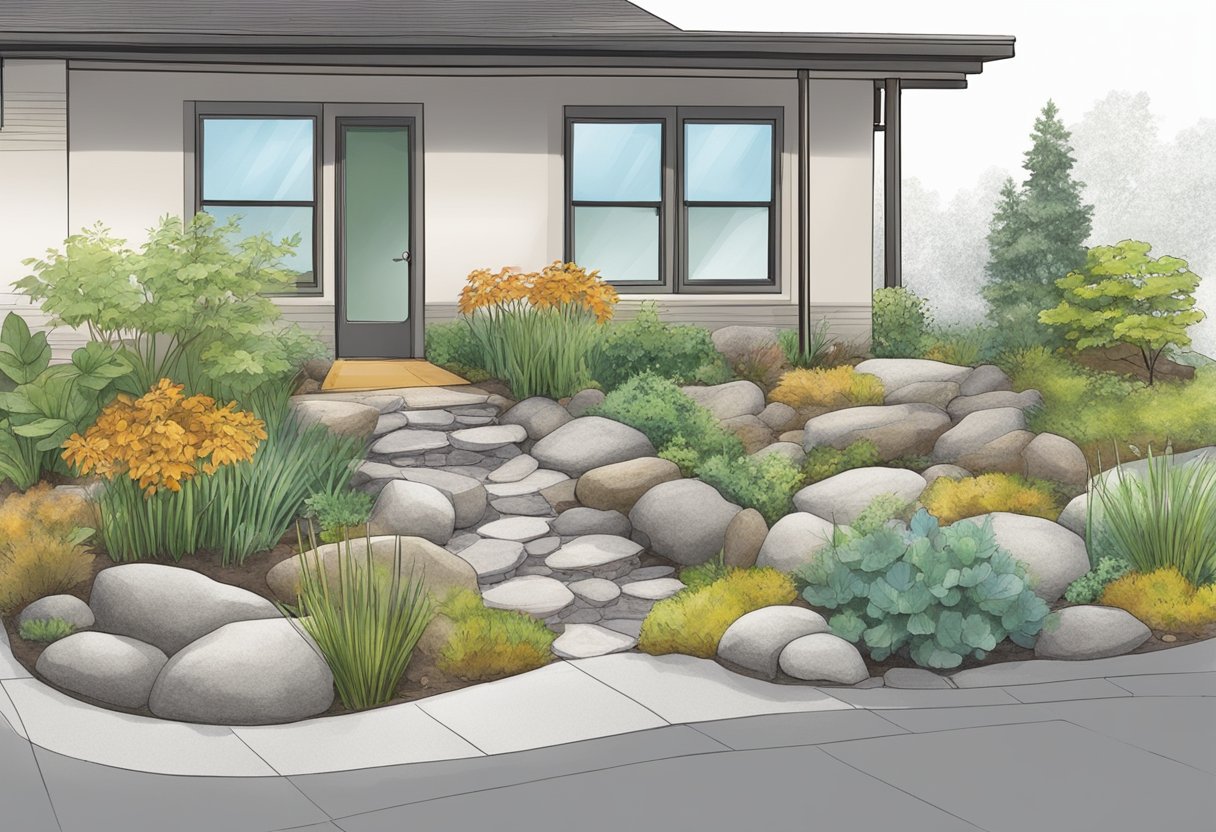 A rain garden with native plants, rocks, and a shallow depression to collect and filter rainwater runoff from a nearby building