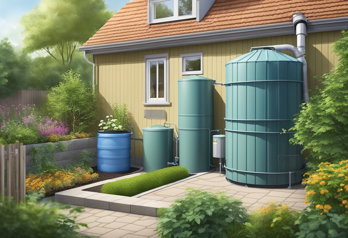 A garden with a large rainwater storage tank connected to a network of drainage pipes and gutters, collecting and storing rainwater for use in the garden