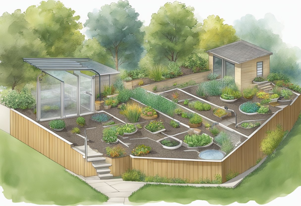 A garden with sloped terrain, featuring a network of rainwater collection systems, including gutters, downspouts, and storage tanks, designed to optimize water yield and improve drainage