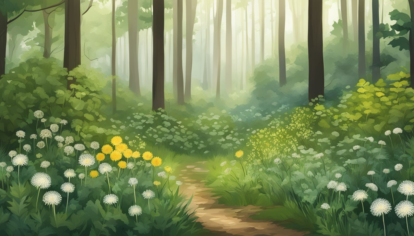 A lush forest floor with various wild plants and herbs, including dandelion, nettle, and elderflower, surrounded by trees in different seasons