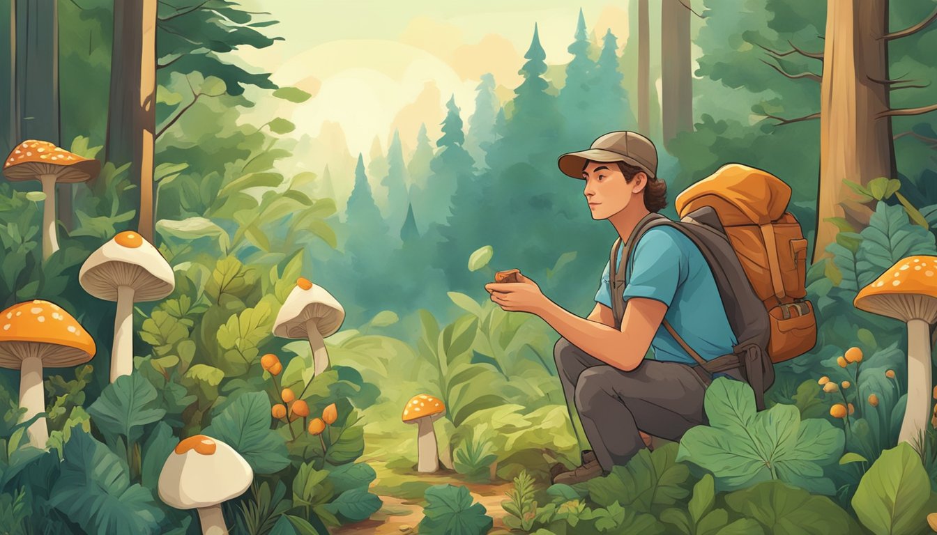 A forager gathers wild edibles in a lush forest, collecting a variety of plants, mushrooms, and berries in different seasons