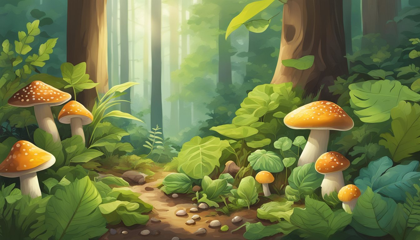 A forest floor with a variety of wild edibles including mushrooms, berries, and leafy greens. The scene is set in a lush, green environment with dappled sunlight filtering through the trees