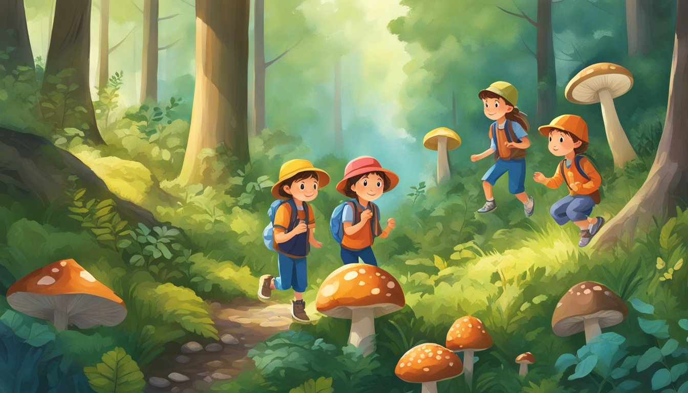 A group of children explore a lush forest, gathering wild berries and mushrooms while learning about the natural world around them