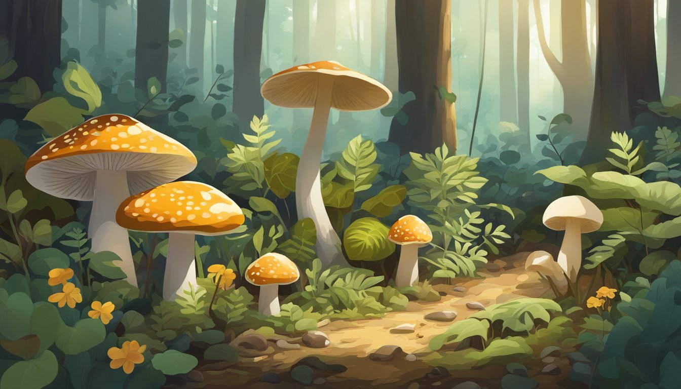 A forest floor with a variety of wild plants and mushrooms, surrounded by trees and dappled sunlight