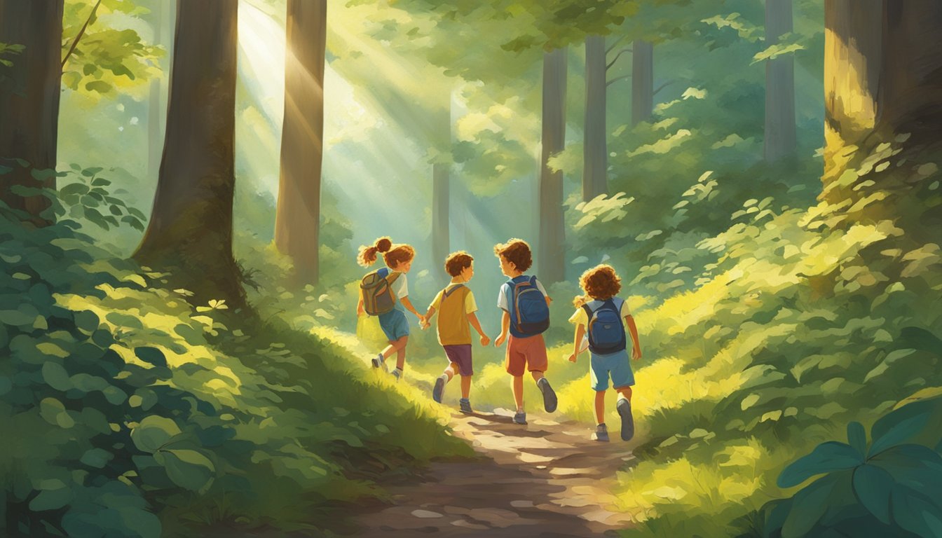 A group of children explore a lush forest, eagerly searching for wild berries and edible plants, guided by an adult mentor. The sun filters through the trees, casting dappled light on the vibrant foliage