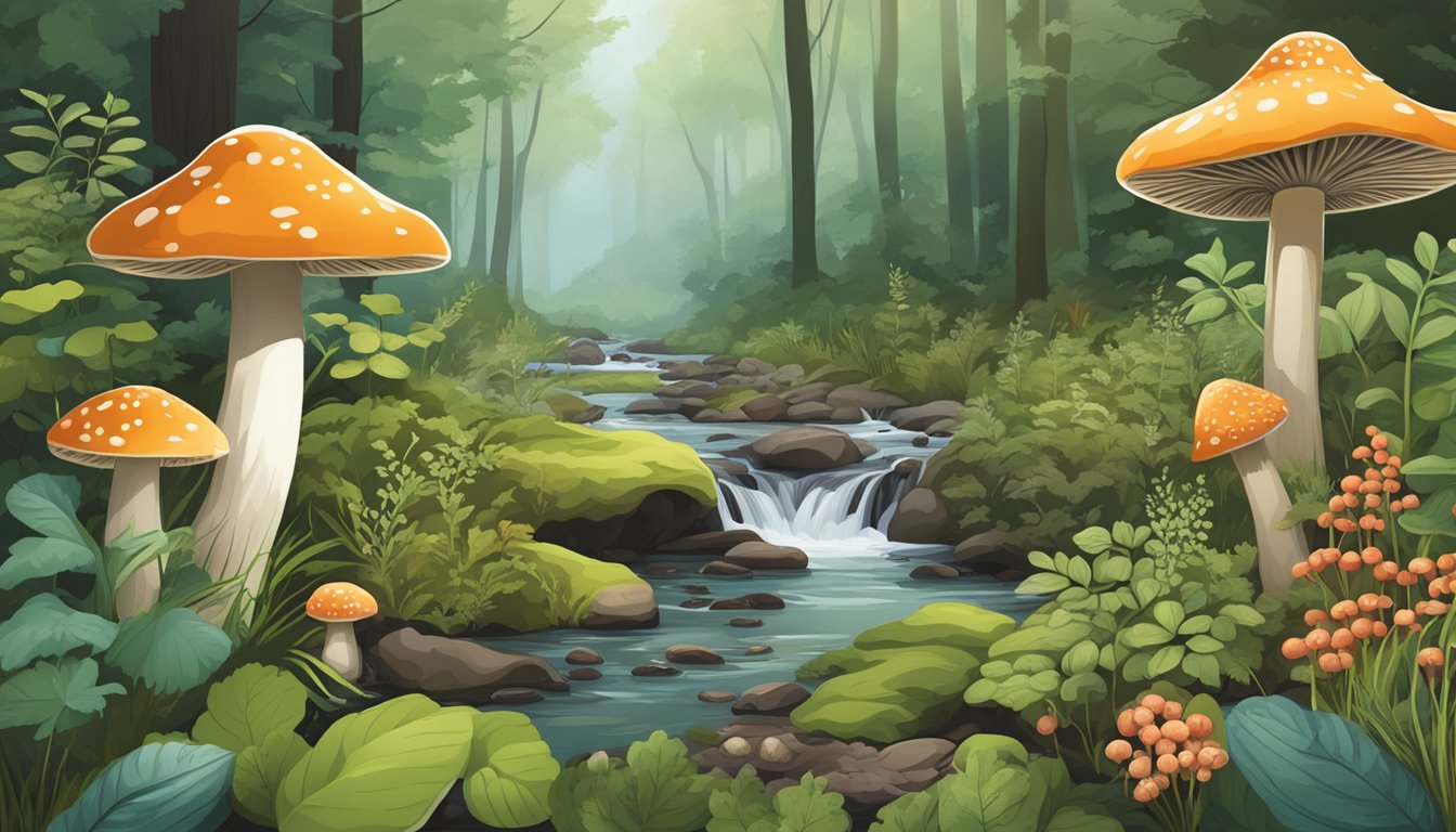 A lush forest floor with diverse plant life, a clear stream, and a variety of wild mushrooms, berries, and herbs ready for foraging