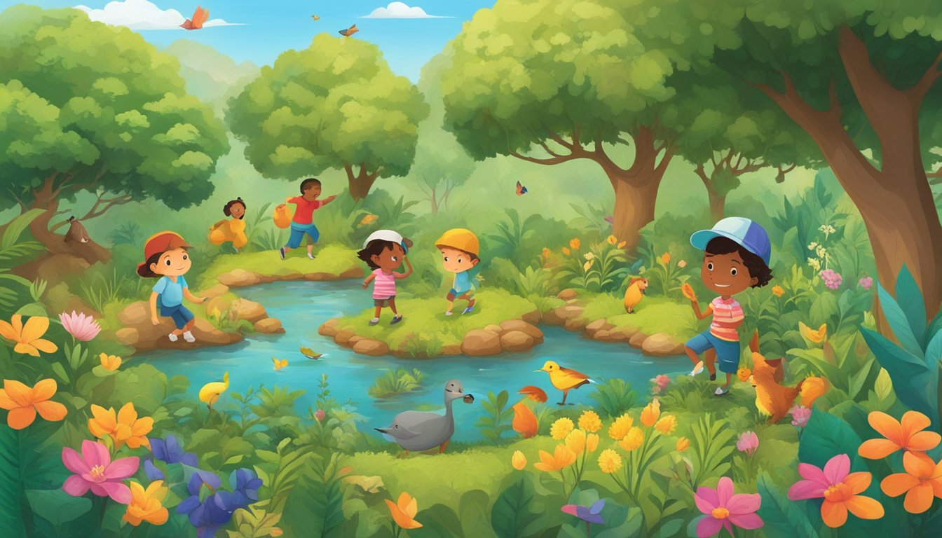 Children exploring diverse ecosystems, gathering fruits, nuts, and plants. They are surrounded by lush greenery, colorful flowers, and various wildlife