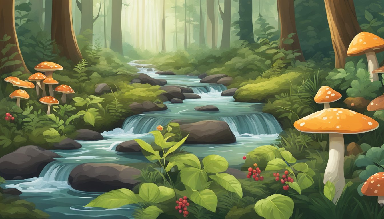 A lush forest floor with various wild plants, mushrooms, and berries scattered around. A small stream runs through the background, adding to the natural ambiance