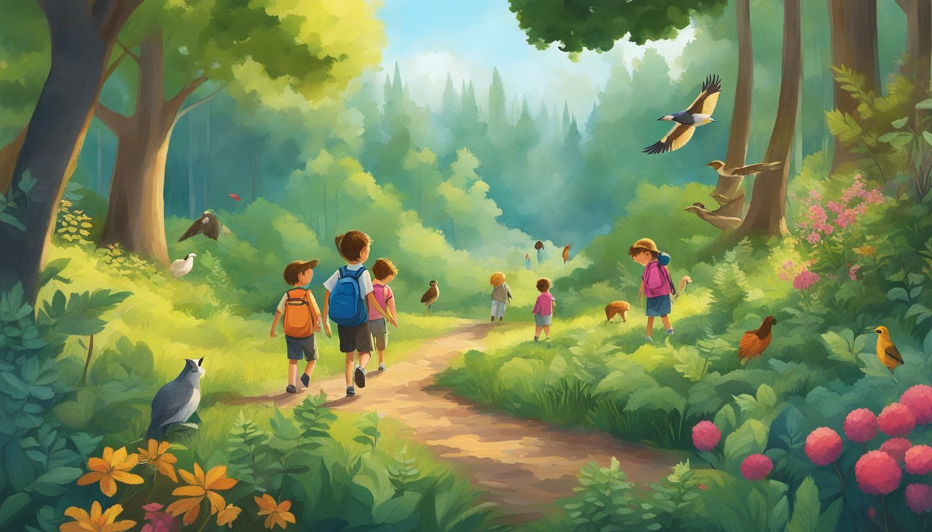 A group of children explore a lush forest, gathering berries and plants. A variety of wildlife can be seen in the background, including birds and small animals