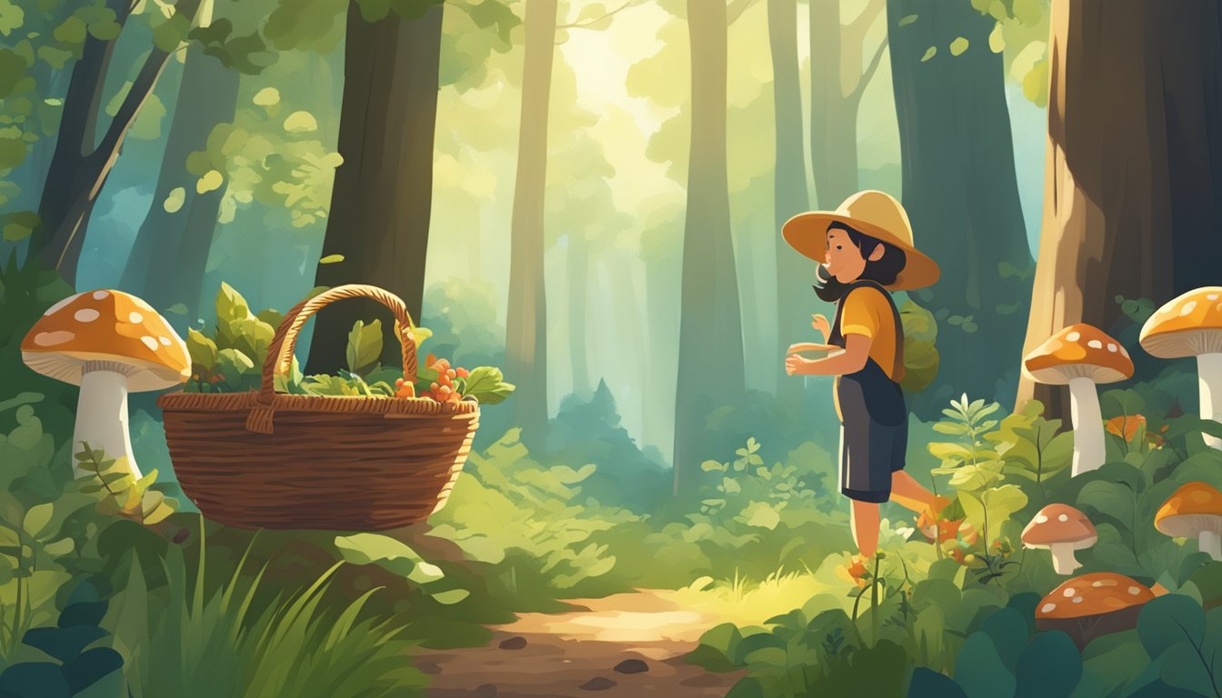 A forager gathering wild ingredients in a lush forest, with a basket filled with mushrooms, herbs, and berries, surrounded by tall trees and dappled sunlight