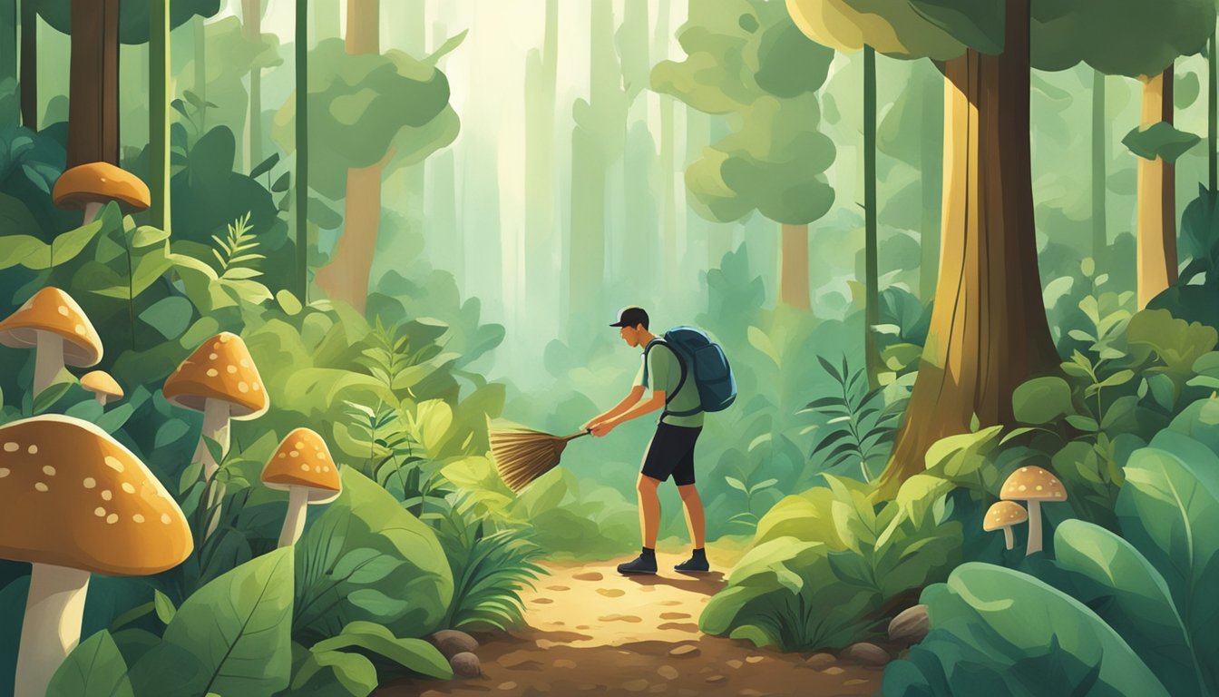 A person gathers wild plants and mushrooms in a forest, carefully selecting and harvesting in a sustainable manner. The scene is filled with lush greenery and a sense of respect for nature