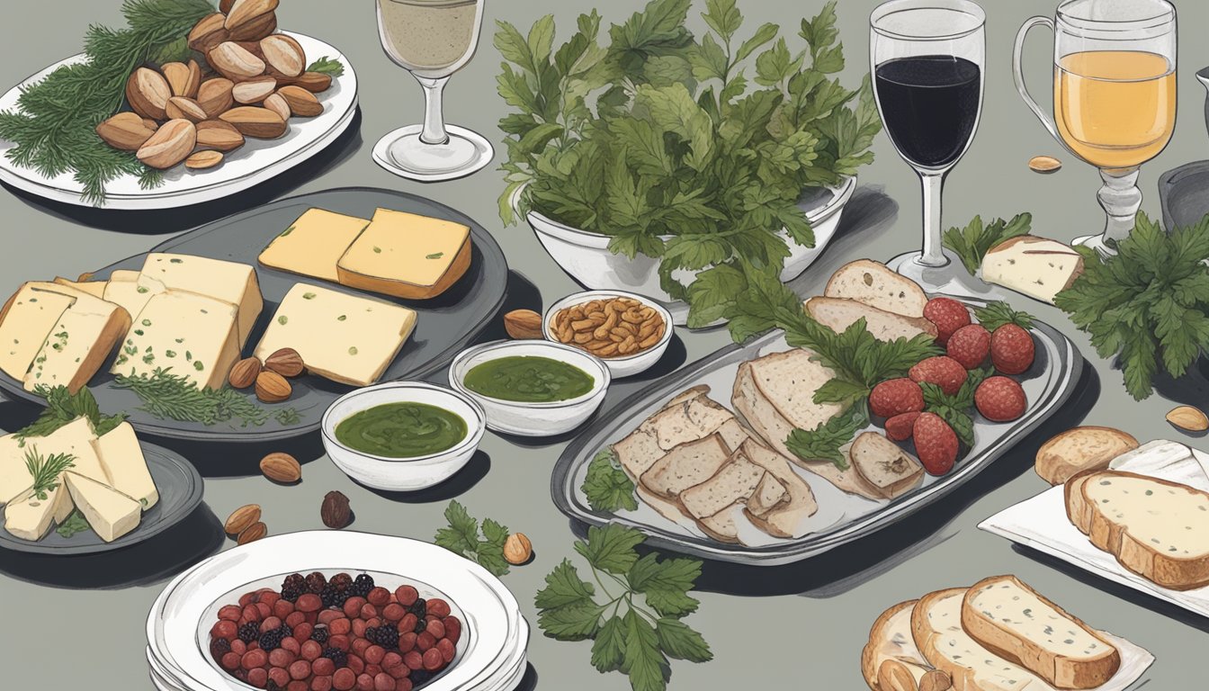 A rustic table spread with foraged greens, nuts, and berries, alongside a bowl of wild mushroom soup and a platter of artisanal cheeses and charcuterie