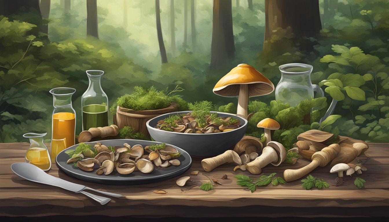 A rustic table set with wild mushrooms, herbs, and roots, surrounded by a lush forest backdrop