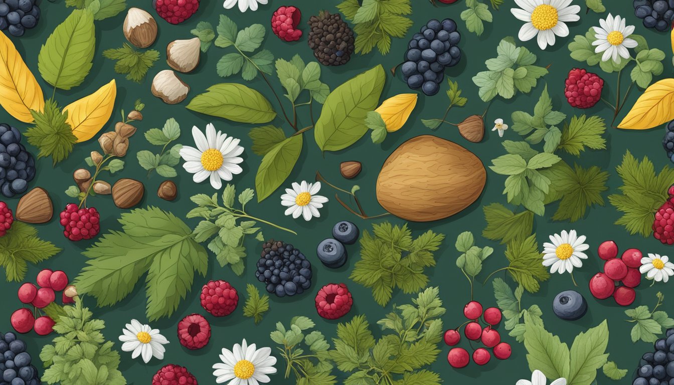 A forest floor with scattered wild berries, herbs, and flowers, surrounded by foraged ingredients like nuts and mushrooms