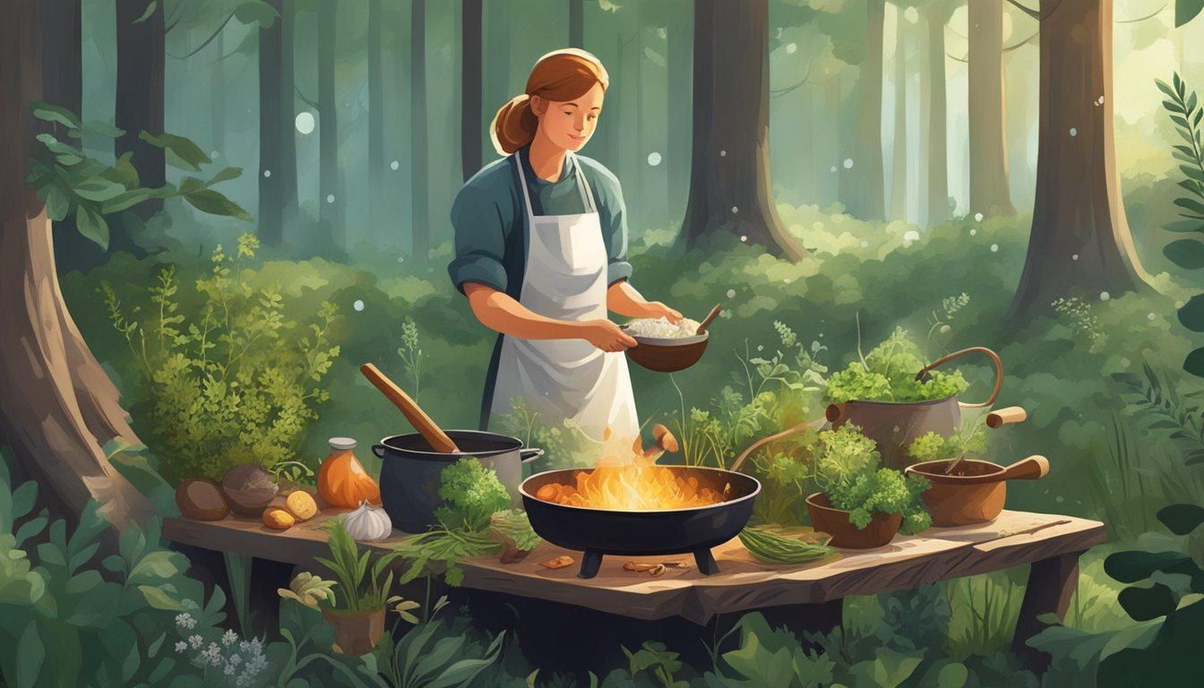 A forest clearing with a table of foraged ingredients, surrounded by lush greenery and wild herbs. A cauldron bubbles over a crackling fire, as a chef prepares a feast