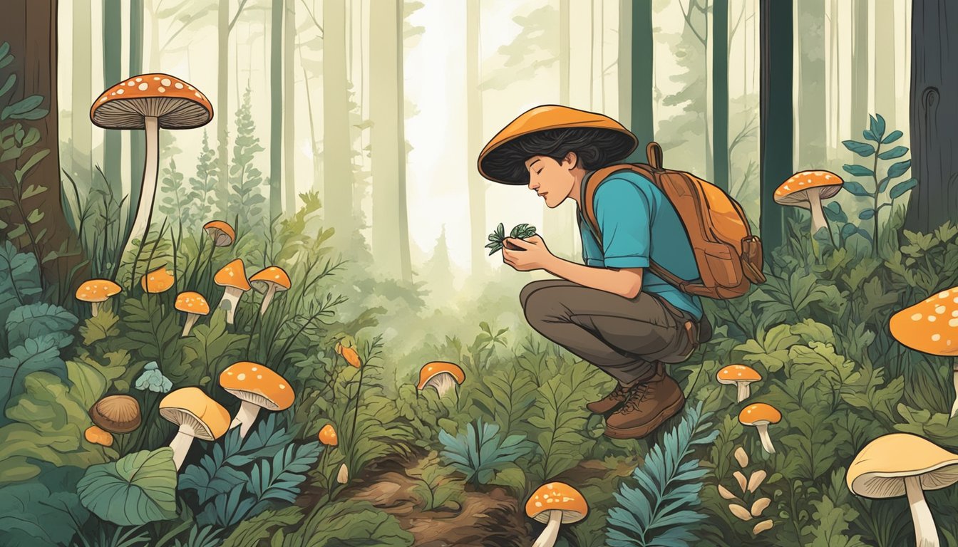 A forest floor with various wild plants and mushrooms, emitting different scents. A person's nose is shown sniffing the air, surrounded by the natural elements