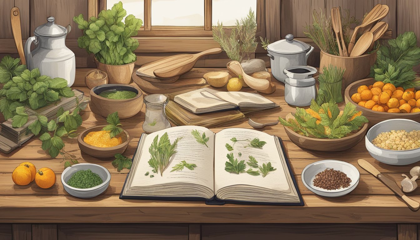 A rustic wooden table displays a spread of foraged ingredients, surrounded by open cookbooks and scattered kitchen utensils