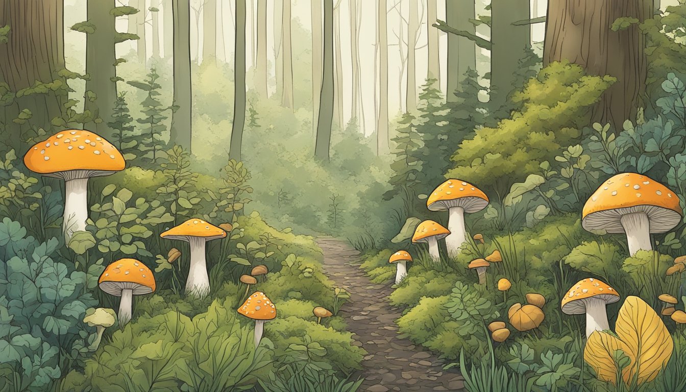 A woodland scene with various wild plants and mushrooms, emphasizing the use of the nose to sniff out edible foraged foods