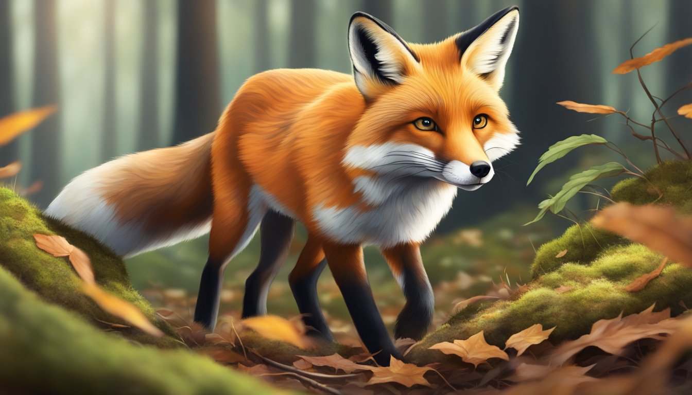 A fox sniffs the forest floor, nose to the ground, searching for hidden treasures among fallen leaves and moss