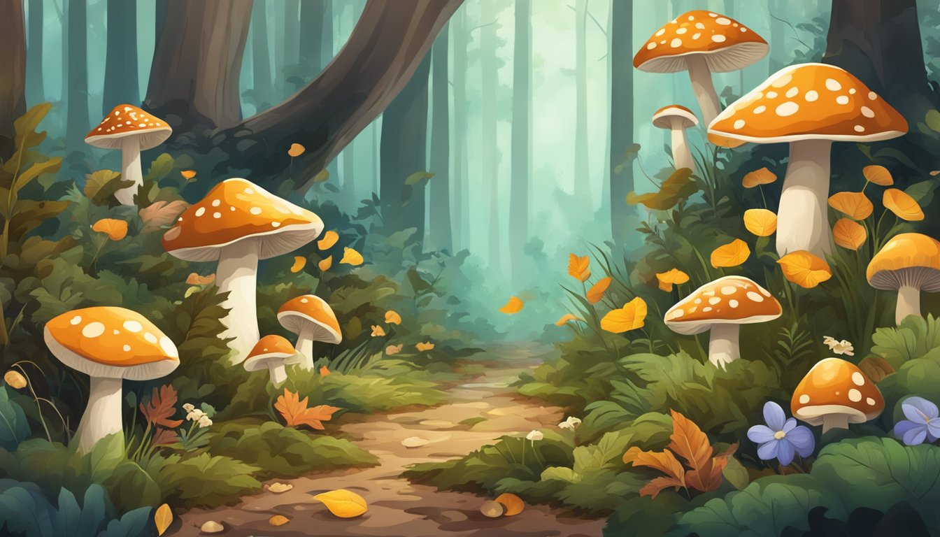 A forest floor covered in fallen leaves and mushrooms, with various plants and flowers emitting different scents