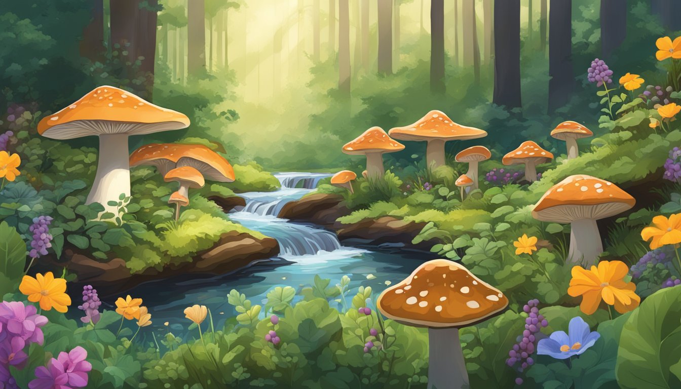 A forest floor scattered with wild mushrooms, berries, and herbs. A bubbling stream runs through the background, surrounded by lush greenery and vibrant flowers