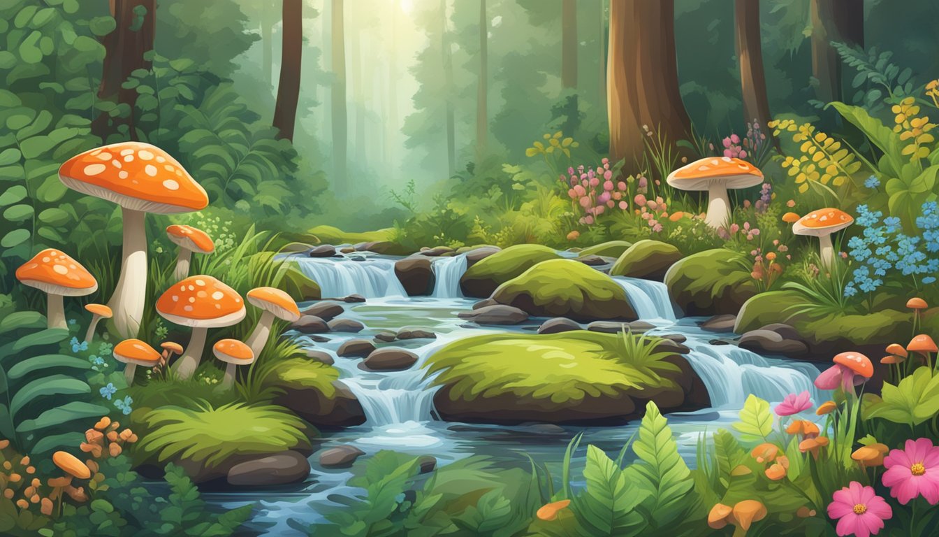 A lush forest floor with mushrooms, berries, and herbs. A bubbling stream winds through the landscape, surrounded by vibrant wildflowers and ferns