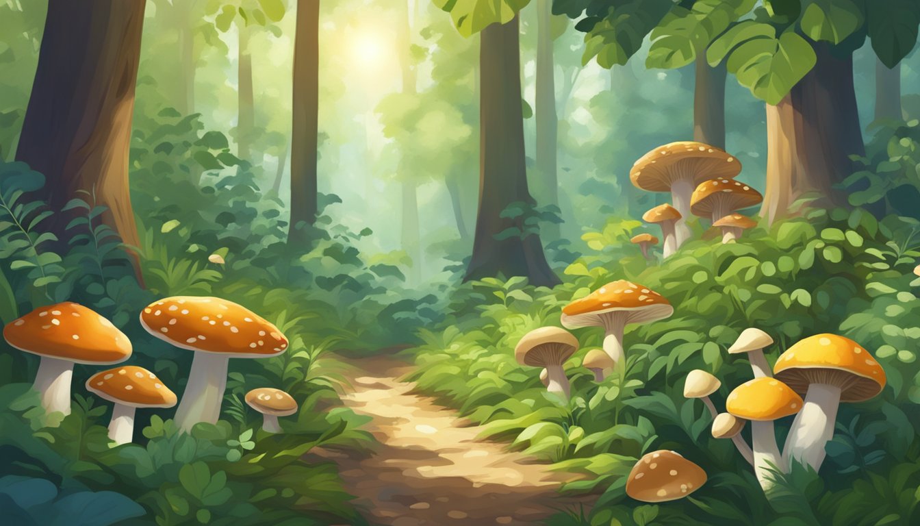 A lush forest floor with a variety of wild plants, mushrooms, and fruits, surrounded by towering trees and dappled sunlight